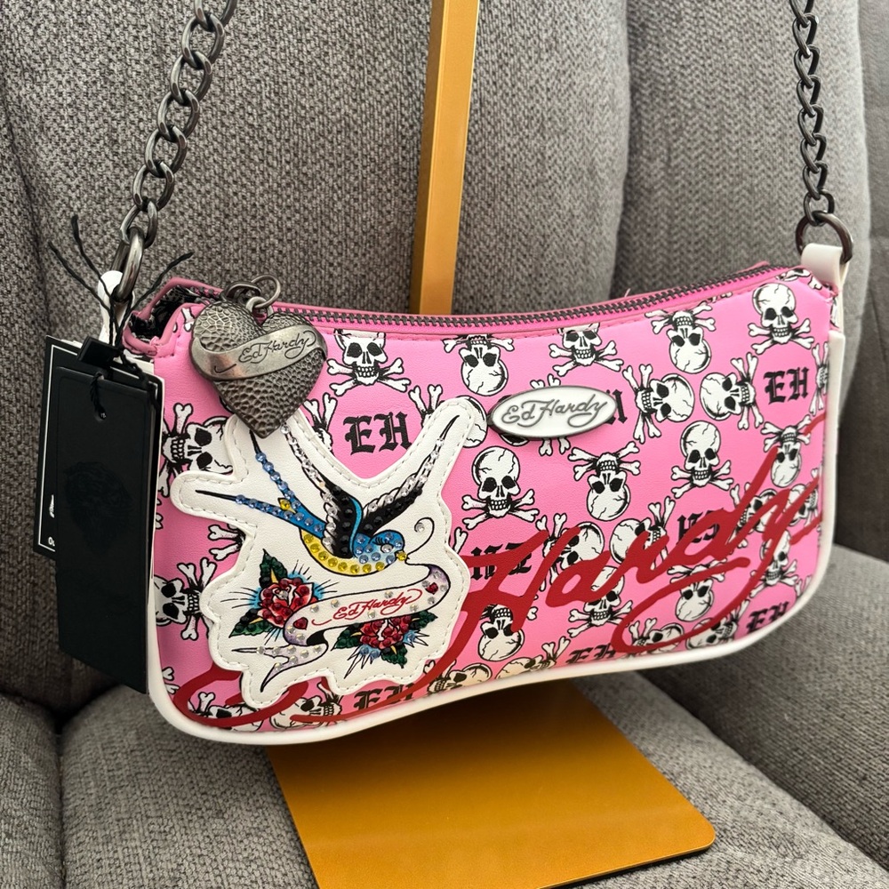Ed Hardy Pink Skull Shoulder Bag • Y2K Tattoo Style • NWT - Picture 5 of 13